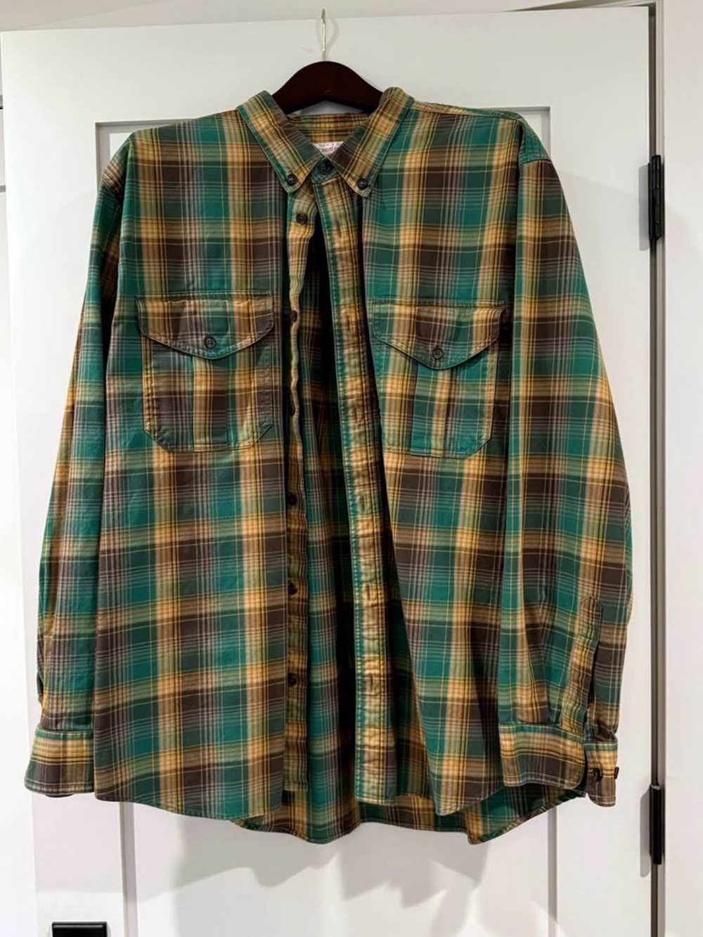 Filson Genuine Garment Men’s XL Green Gold Brown Plaid Flannel Button Down Shirt - Picture 1 of 2